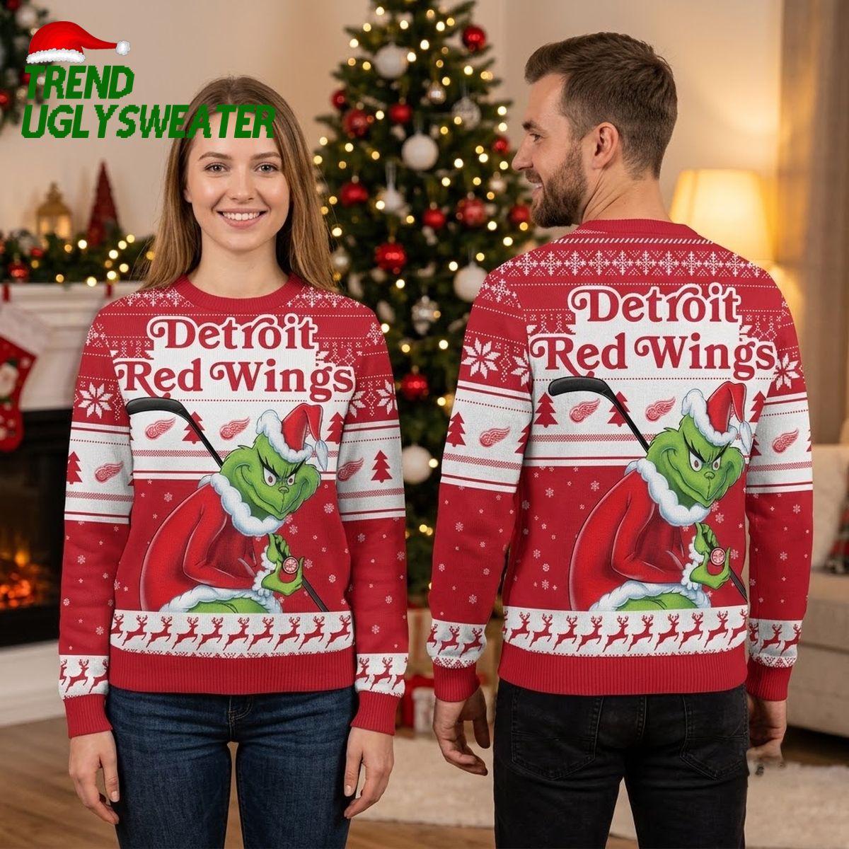 Detroit Red Wings Grinch Playing Hockey Ugly Christmas Sweater
