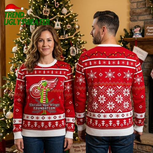 Detroit Red Wings Grinch Santa Hat Logo Ugly Christmas Sweater