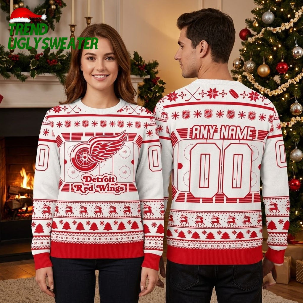 Detroit Red Wings Hockey Rink Custom Name And Number Ugly Christmas Sweater