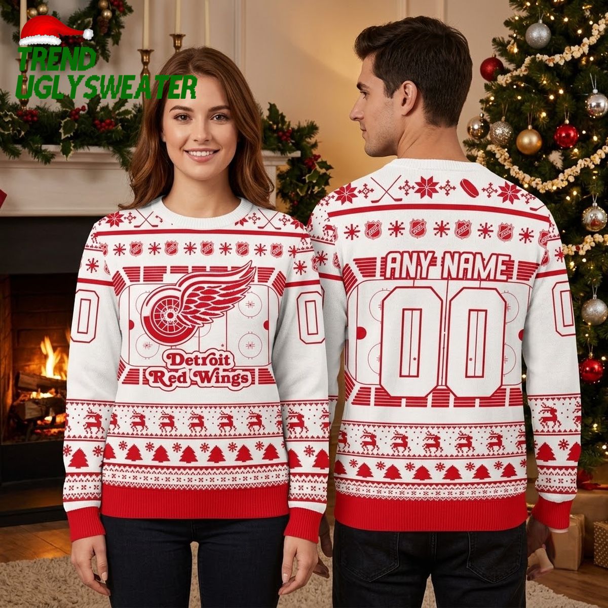 Detroit Red Wings Hockey Rink Custom Name And Number Ugly Christmas Sweater
