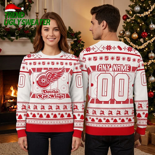 Detroit Red Wings Hockey Rink Custom Name And Number Ugly Christmas Sweater