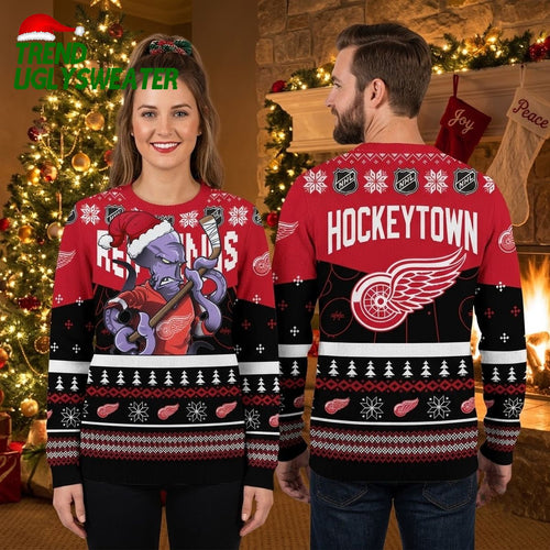Detroit Red Wings Octopus Santa Hat Custom Name Ugly Christmas Sweater