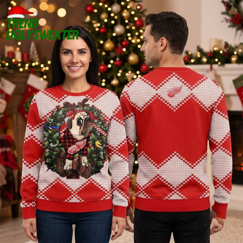 Detroit Red Wings Pug Dog Reindeer Wreath Ugly Christmas Sweater