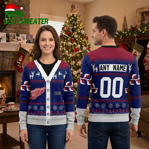 Detroit Red Wings Reindeer Pattern Custom Name And Number Ugly Christmas Sweater