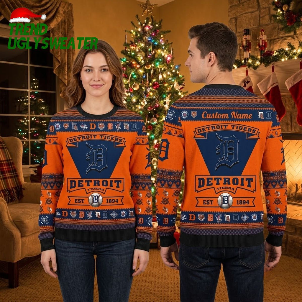 Detroit Tigers 1894 Vintage Baseball Custom Name Ugly Christmas Sweater