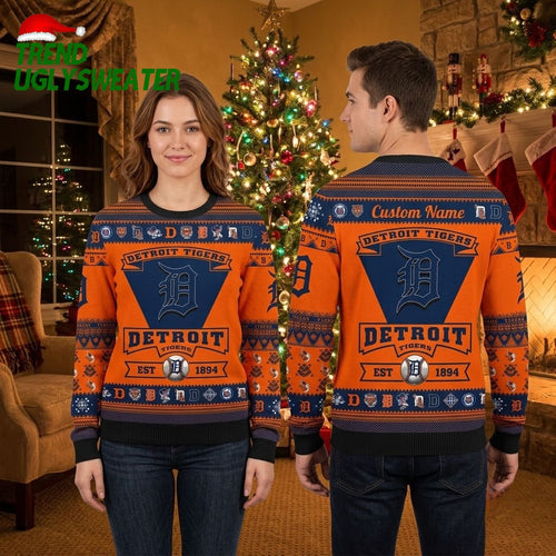 Detroit Tigers 1894 Vintage Baseball Custom Name Ugly Christmas Sweater