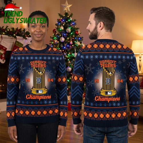 Detroit Tigers 1984 World Series Championship Trophy Ugly Christmas Sweater