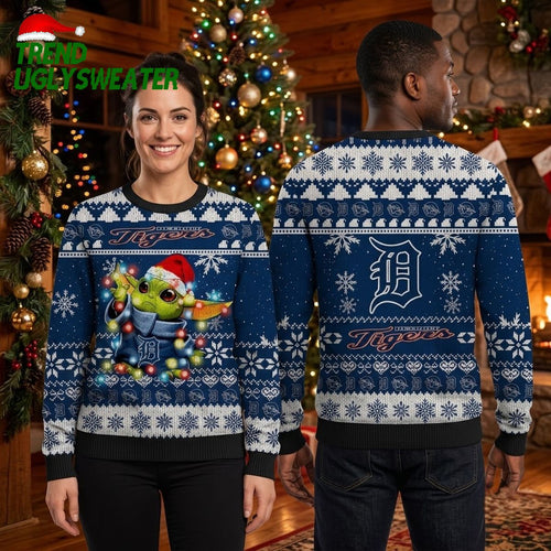 Detroit Tigers Baby Yoda Christmas Lights Ugly Christmas Sweater