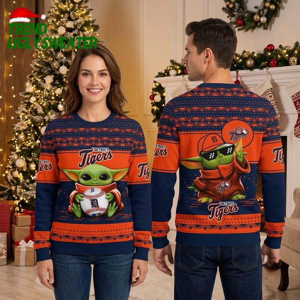 Detroit Tigers Baby Yoda Holding Baseball Navy And Orange Ugly Christmas Sweater