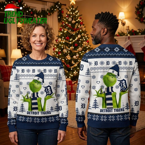 Detroit Tigers Grinch Snowflake Pattern Ugly Christmas Sweater