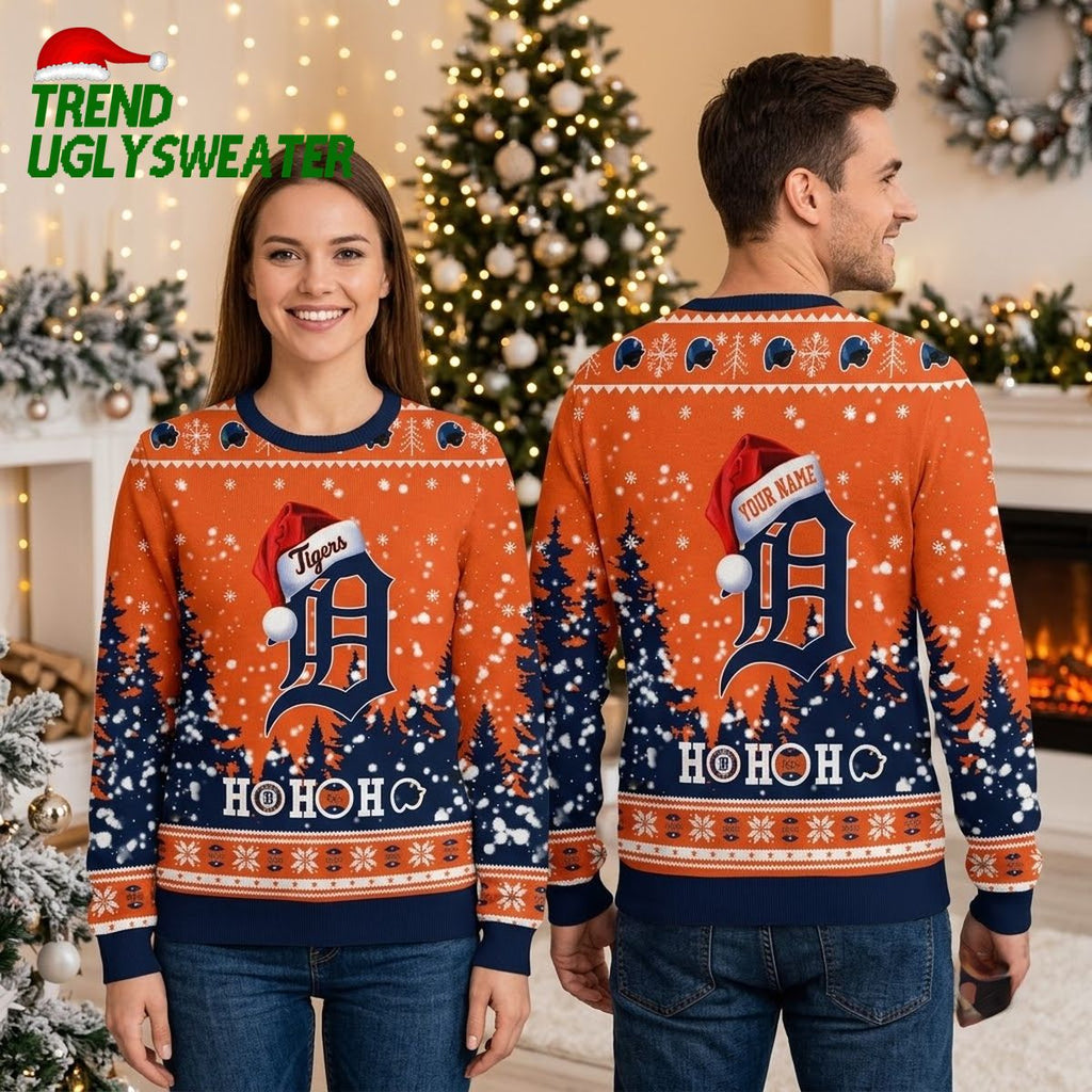 Detroit Tigers Personalized Santa Hat Logo Ho Ho Ho Ugly Christmas Sweater
