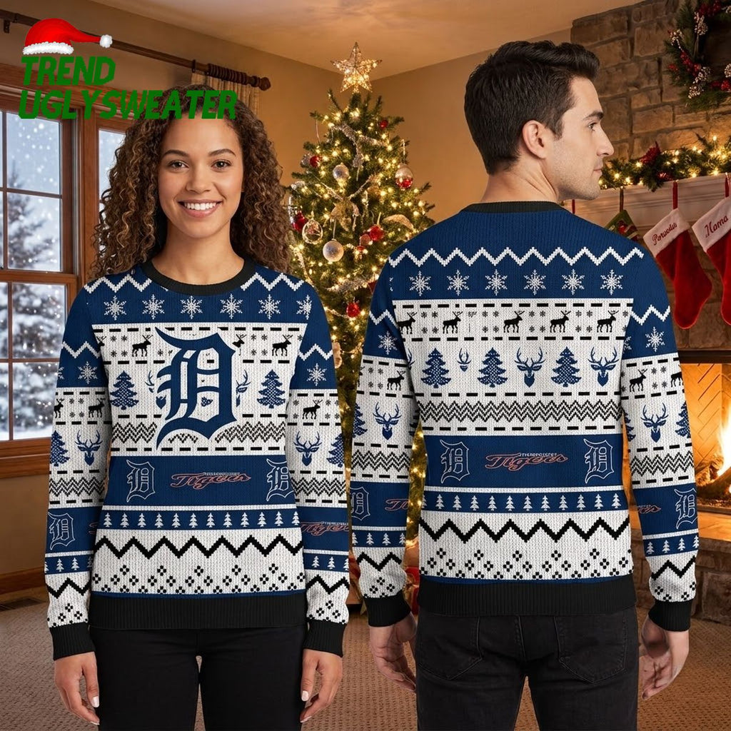 Detroit Tigers Reindeer Snowflake Pattern Ugly Christmas Sweater