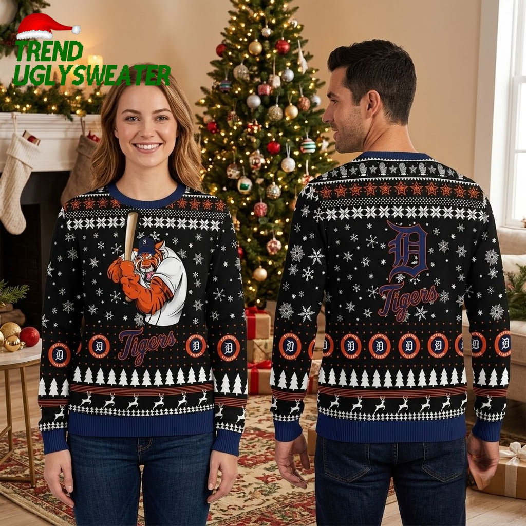 Detroit Tigers Swinging Tiger Baseball Mascot Ugly Christmas Sweater