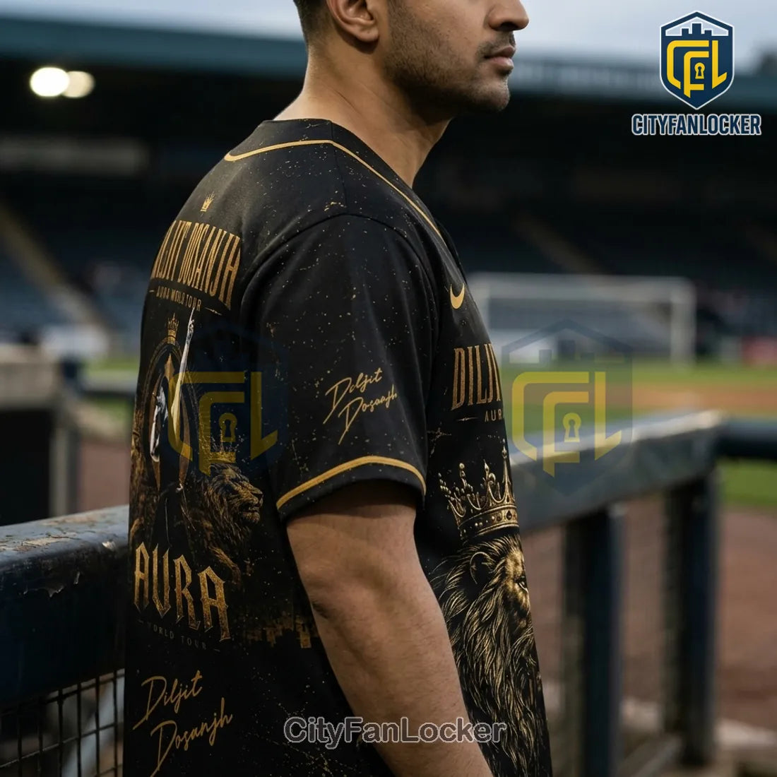 Diljit Dosanjh Aura World Tour Black Gold Baseball Jersey