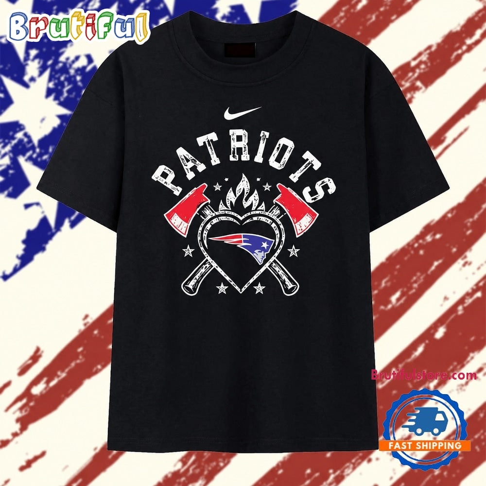 Distressed New England Patriots Heart and Axes Logo T Shirt