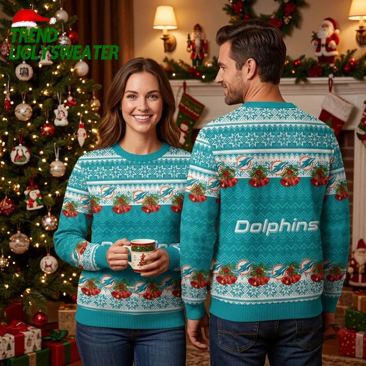 Dolphins Holiday Bells Graphic Ugly Christmas Sweater