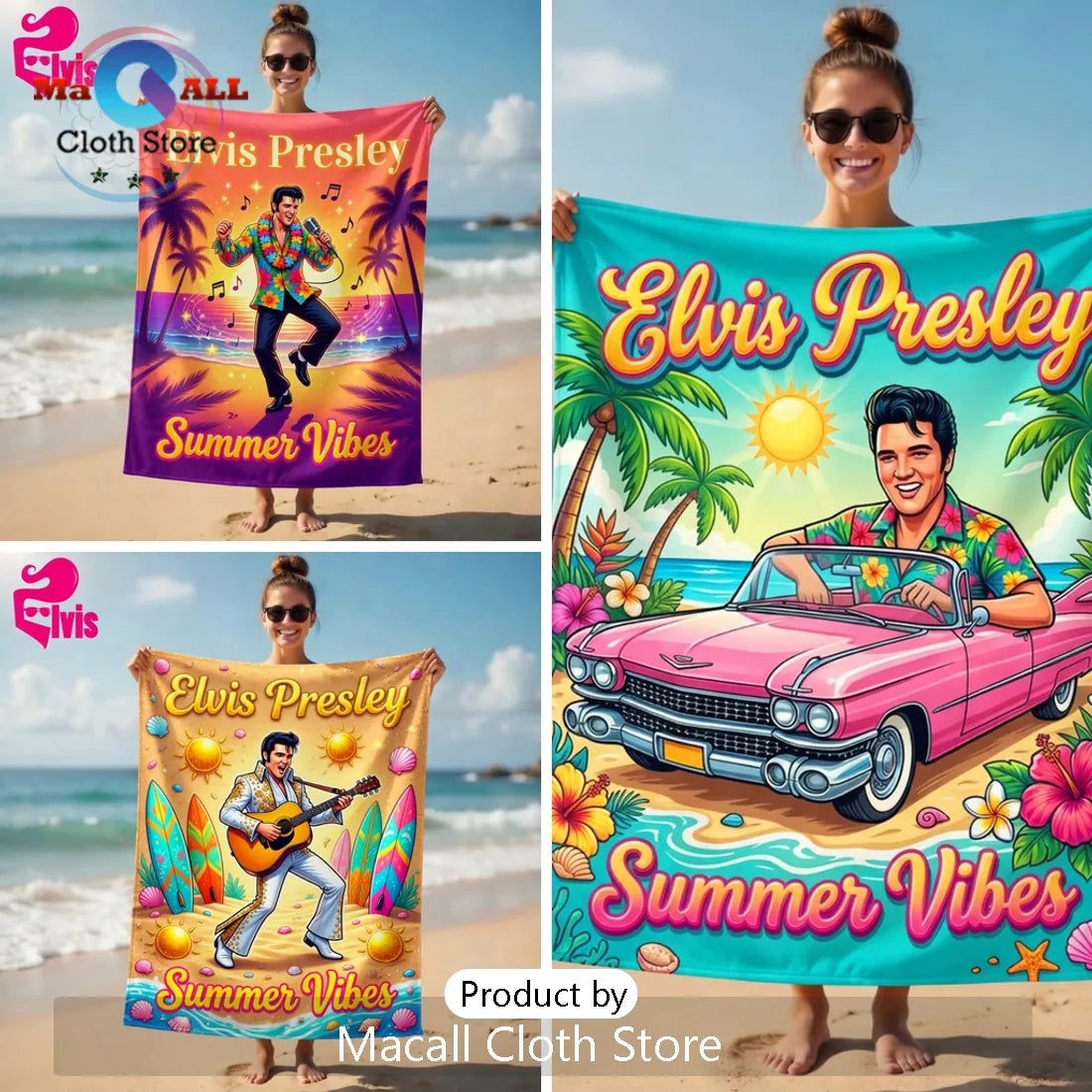 Elvis Presley Summer Vibes Tropical Pink Cadillac Art Beach Towel