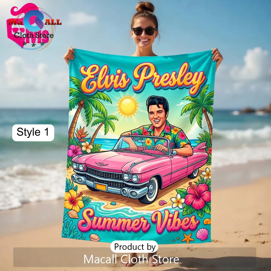 Elvis Presley Summer Vibes Tropical Pink Cadillac Art Beach Towel