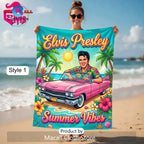 Elvis Presley Summer Vibes Tropical Pink Cadillac Art Beach Towel