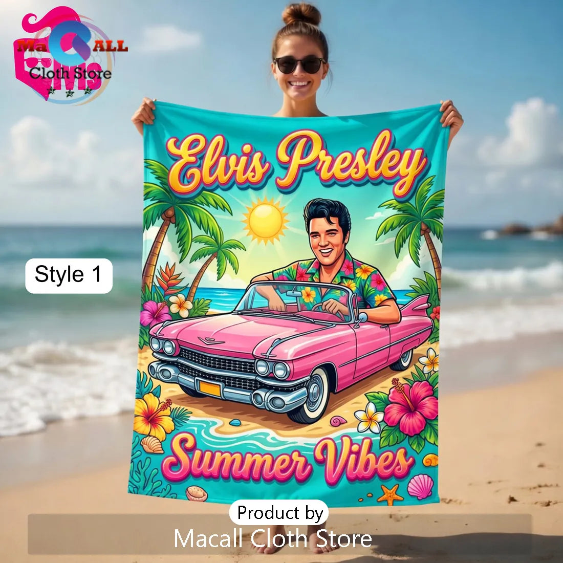 Elvis Presley Summer Vibes Tropical Pink Cadillac Art Beach Towel