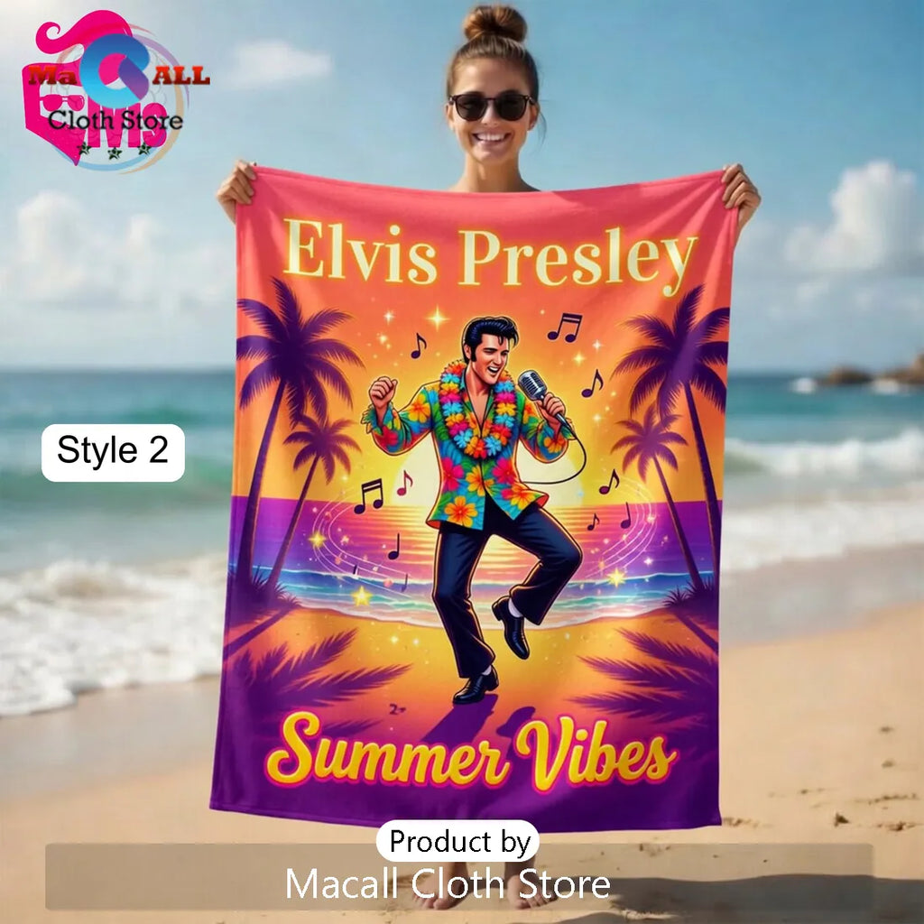 Elvis Presley Summer Vibes Tropical Pink Cadillac Art Beach Towel