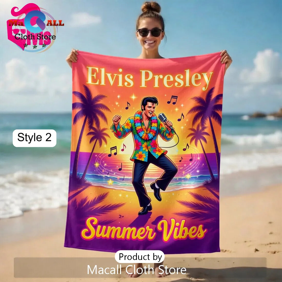 Elvis Presley Summer Vibes Tropical Pink Cadillac Art Beach Towel