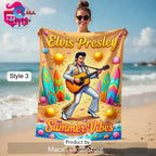 Elvis Presley Summer Vibes Tropical Pink Cadillac Art Beach Towel