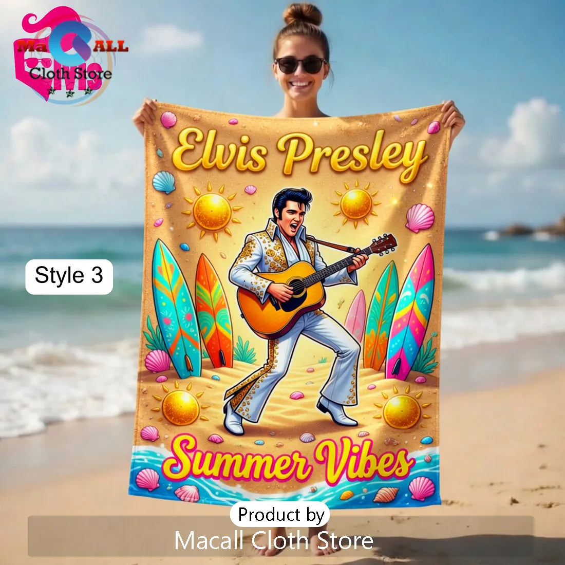 Elvis Presley Summer Vibes Tropical Pink Cadillac Art Beach Towel