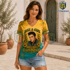 Elvis Presley Sunflower Yellow Turquoise V-Neck T-Shirt