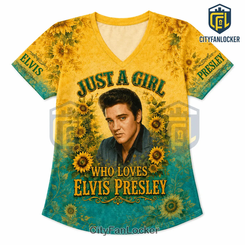 Elvis Presley Sunflower Yellow Turquoise V-Neck T-Shirt