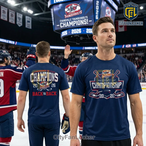 Evansville Thunderbolts Presidents Cup 2026 Back to Back Champions T-Shirt