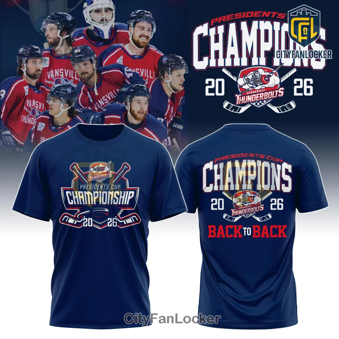 Evansville Thunderbolts Presidents Cup 2026 Back to Back Champions T-Shirt
