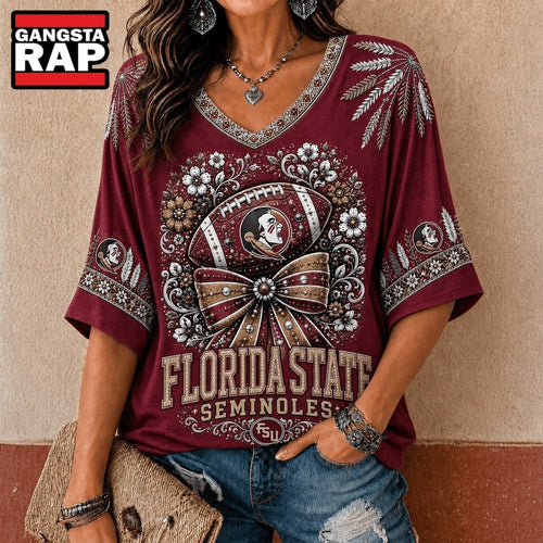 Florida State Seminoles NCAA Vintage Floral Bow V Neck T Shirt