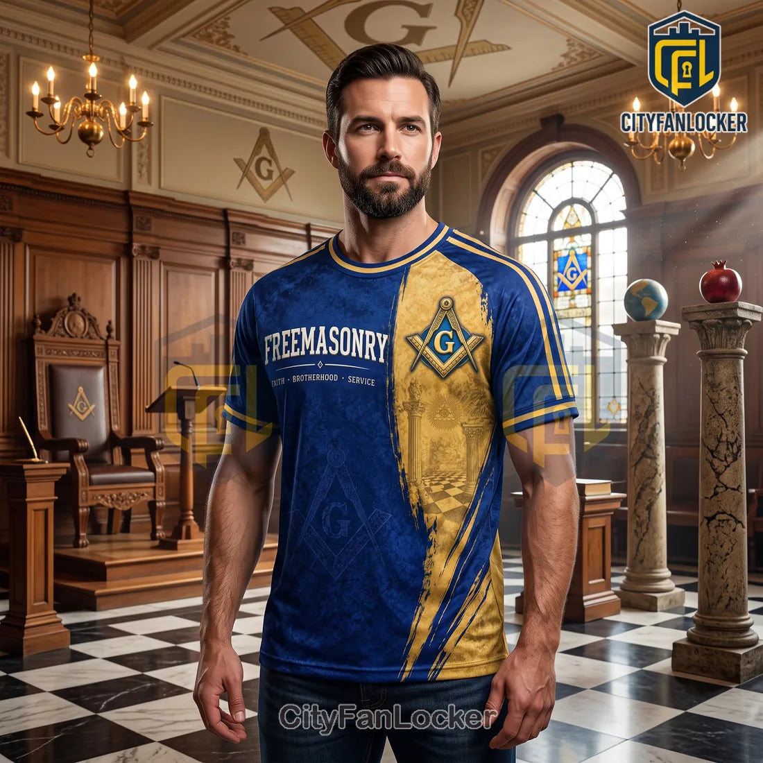 Freemasonry Blue and Gold Square and Compasses Shirt