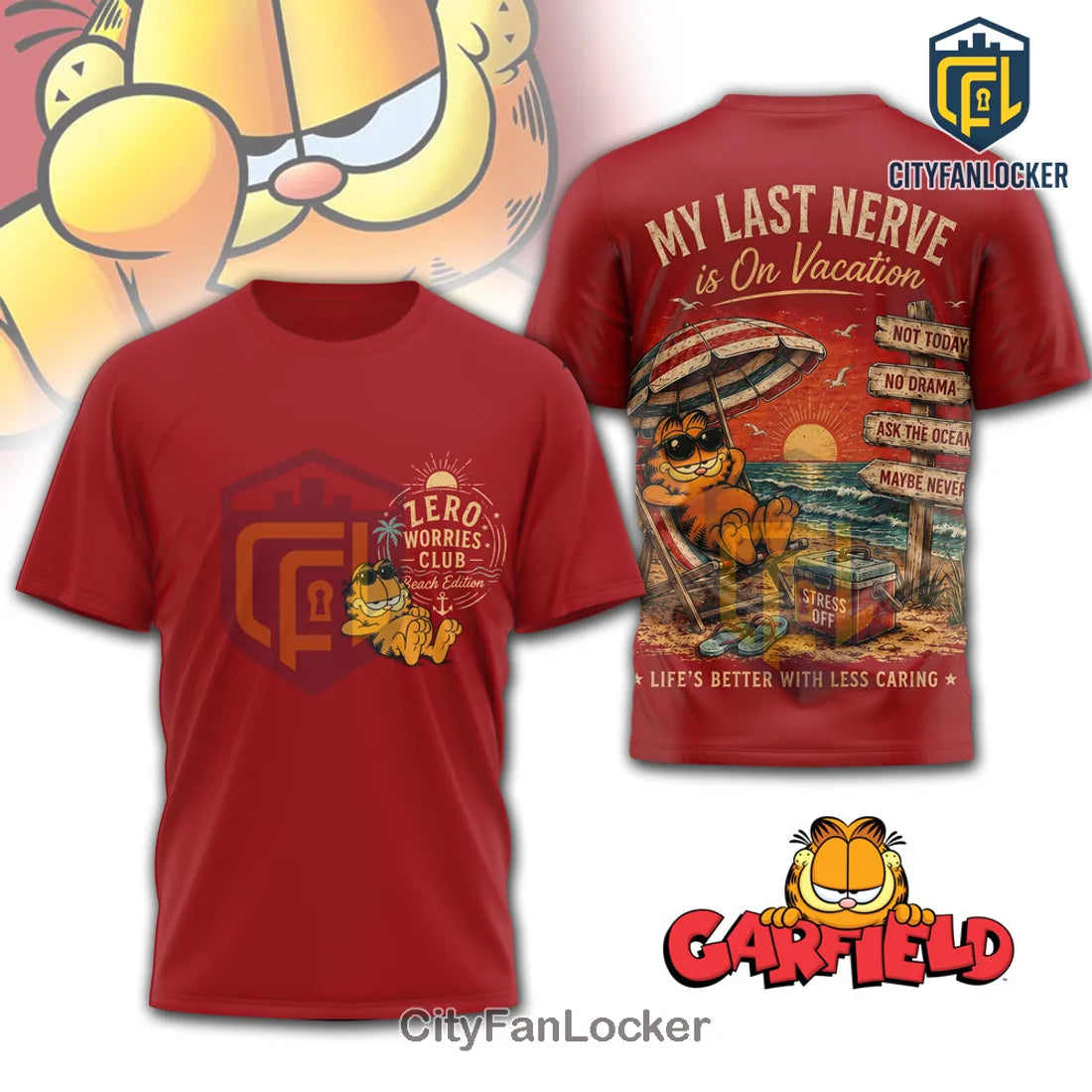 Garfield Zero Worries Club Beach Edition Red Shirt