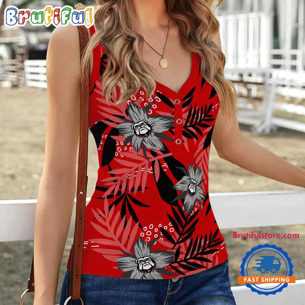 Georgia Bulldogs Hibiscus Pattern Women’s V-Neck Ribbed Tank Top