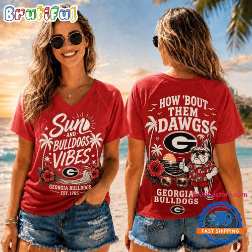 Georgia Bulldogs NCAA Sunset and Beach Vibes V neck T Shirt