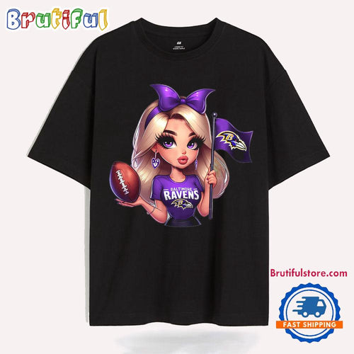 Girl Hold Flag Cheer Football Team Win Super Bowl Baltimore Ravens T Shirt