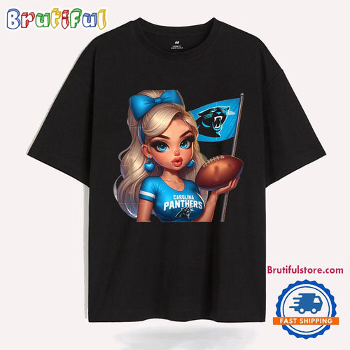 Girl Hold Flag Cheer Football Team Win Super Bowl Carolina Panthers T Shirt