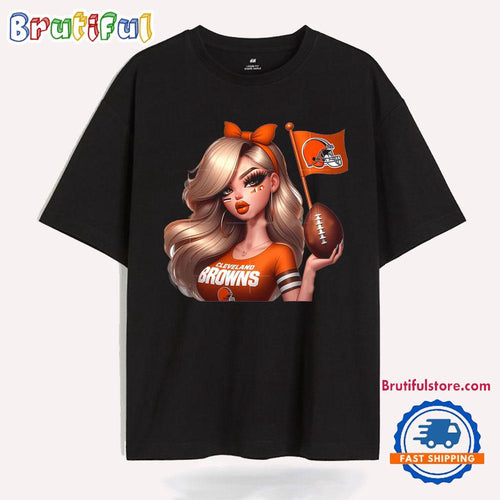 Girl Hold Flag Cheer Football Team Win Super Bowl Cleveland Browns T Shirt