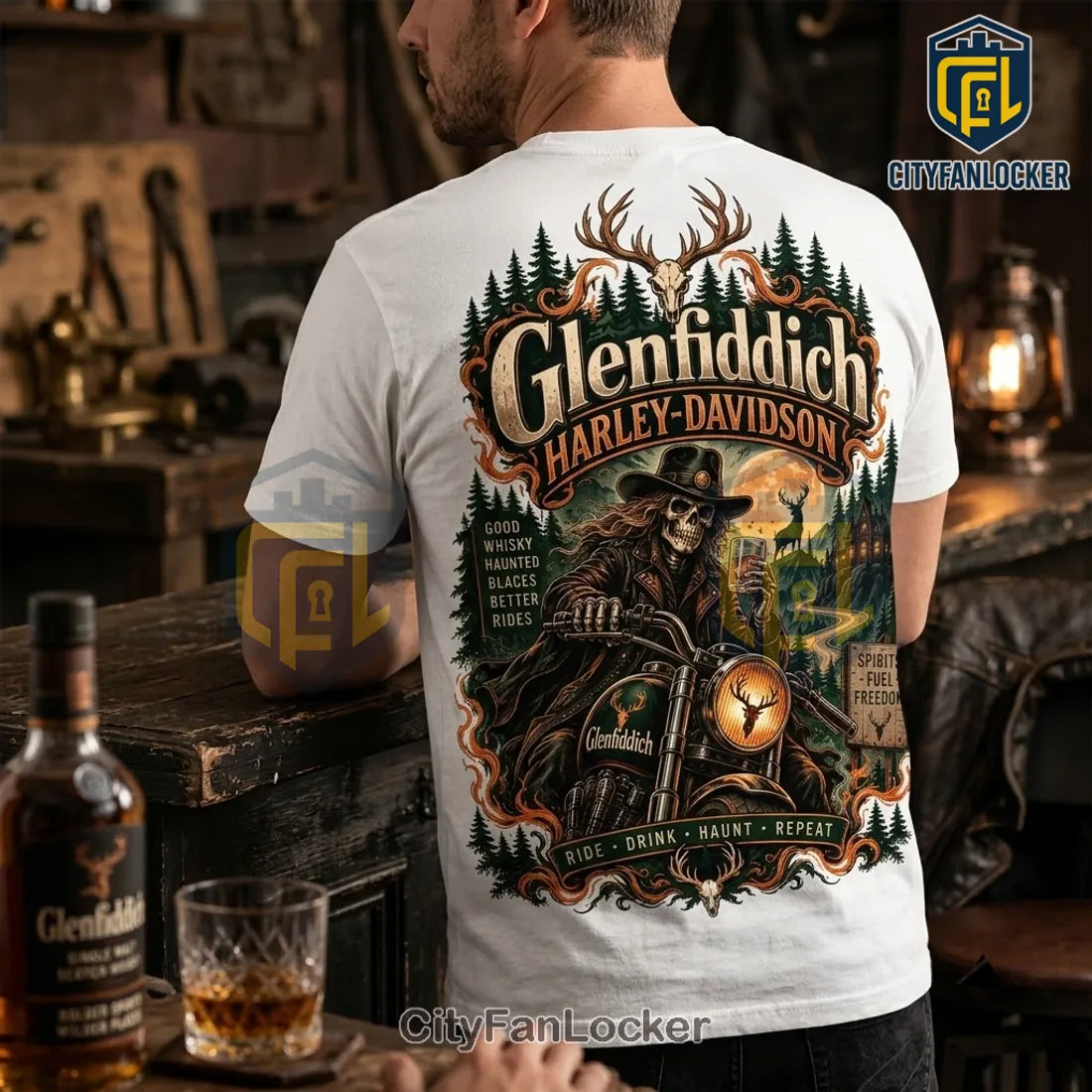 Glenfiddich Harley-Davidson Antler Skull White T-Shirt