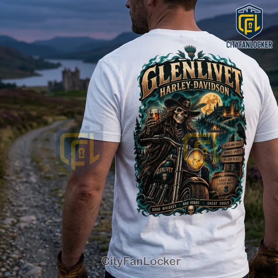 Glenlivet Harley-Davidson Highland Skeleton Rider White T-Shirt