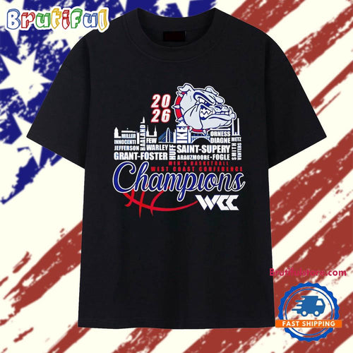 Gonzaga Bulldogs 2026 WCC Men’s Basketball Champions player names city skyline T Shirt