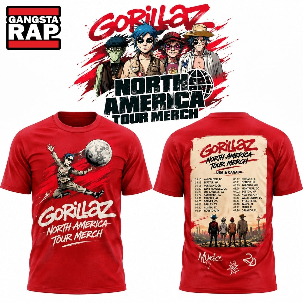 Gorillaz The North American Mountain Tour 2026 Limited Edition Red T Shirt