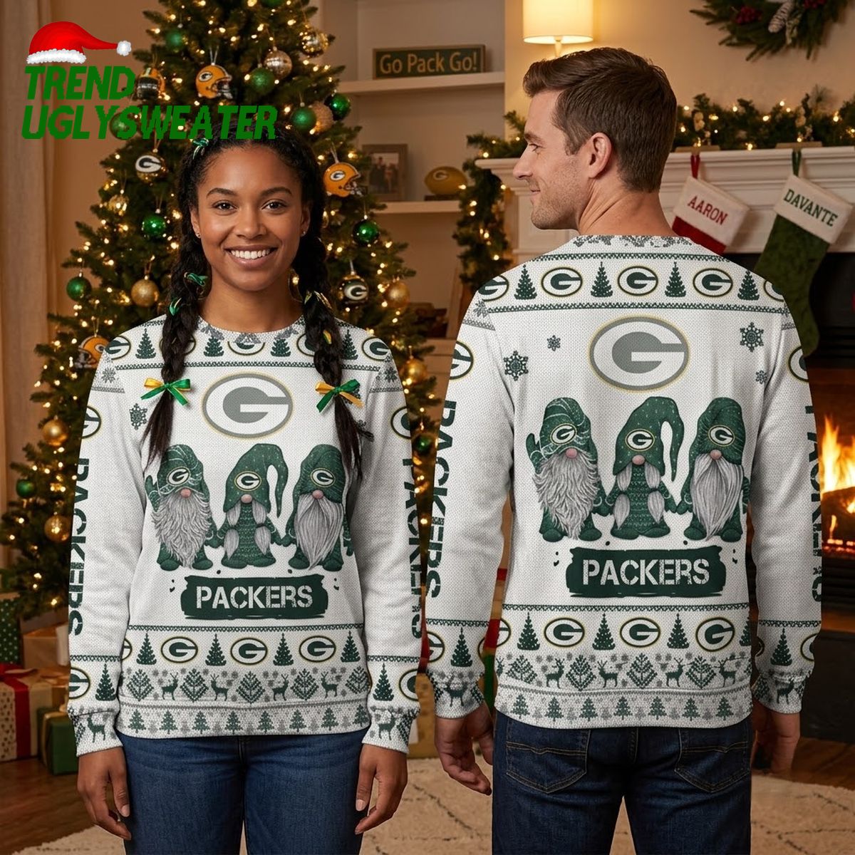 Green Bay Packers Christmas Gnome Trio Ugly Christmas Sweater