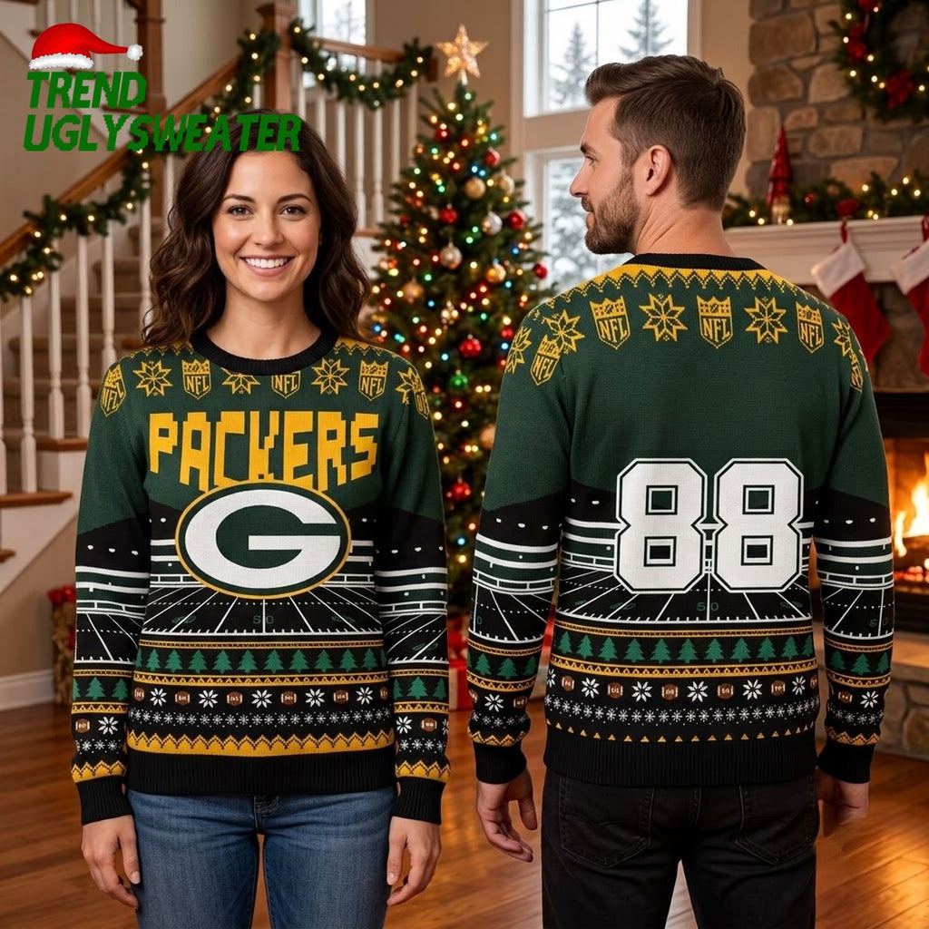 Green Bay Packers Football Field Custom Name And Number Ugly Christmas Sweater