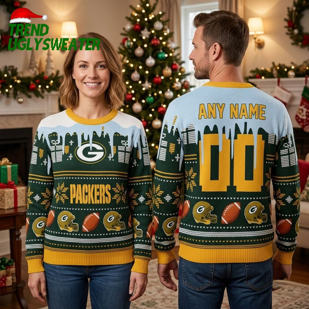 Green Bay Packers Football Helmet Custom Name And Number Ugly Christmas Sweater