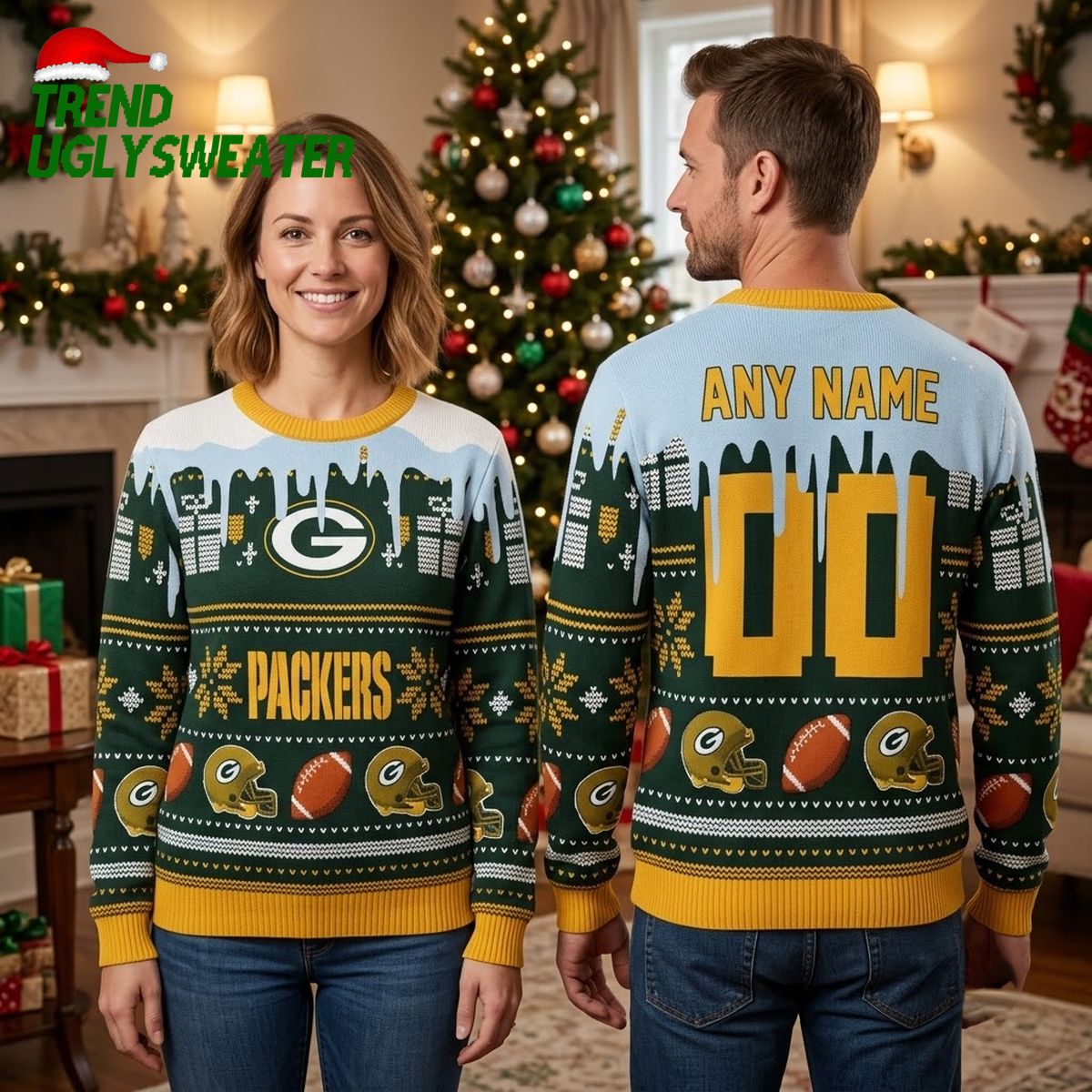 Green Bay Packers Football Helmet Custom Name And Number Ugly Christmas Sweater