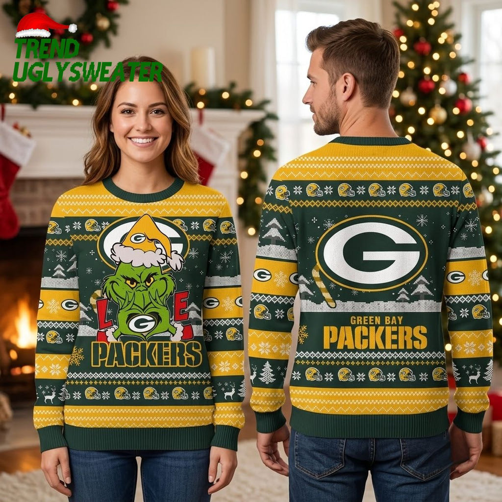 Green Bay Packers Grinch Santa Hat Green And Gold Ugly Christmas Sweater