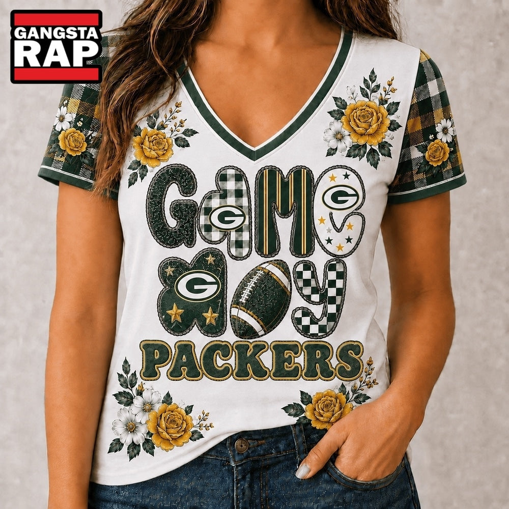 Green Bay Packers NFL Football Flowers Team Pride V Neck T Shirt
